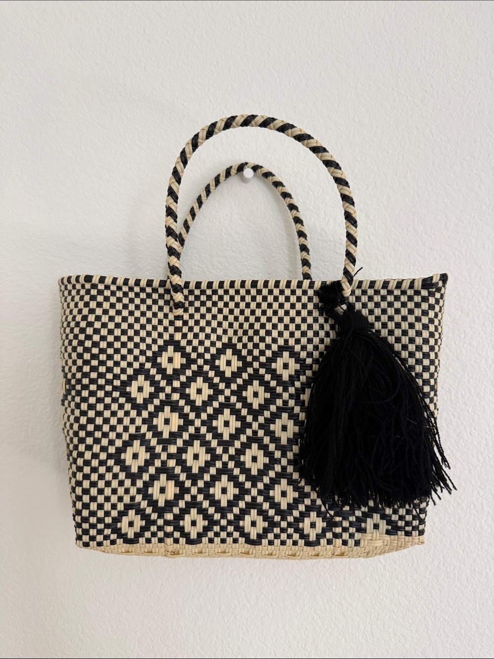 Woven Black and Natural Tote with Tassel, Plastic